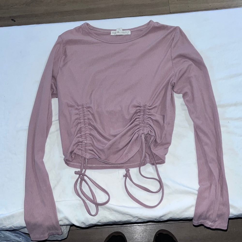 EyeCandy Mauve‎ Ribbed Ruched Drawstring Cropped Long Sleeve Top Women's Medium